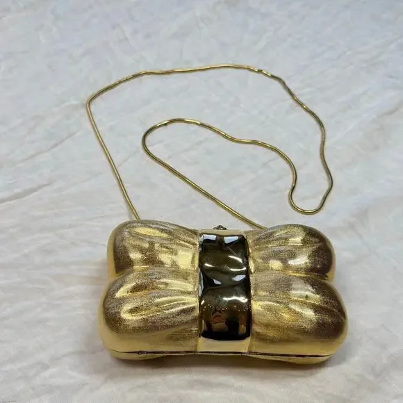 Vintage Saks Fifth Avenue Italy Bow Clamshell Gold Clutch Evening Bag - Picture 11 of 11